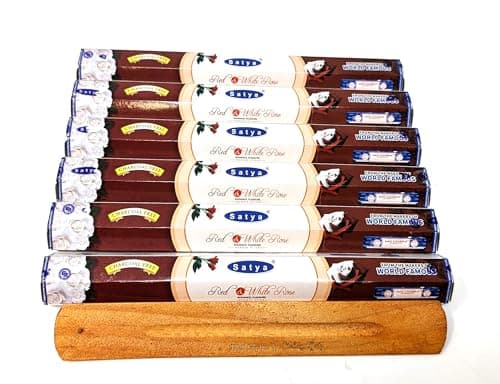 Image of Satya Red & White Rose Incense Sticks 6 Pack Set with Wooden Holder – Floral Rose Aroma Agarbatti for Home Fragrance Meditation Yoga Relaxation – 20 Sticks Per Pack Long Burning Scented Incense