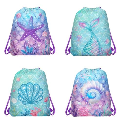 Image of CC HOME 12Pcs Purple Green Mermaid Drawstring Bags, Fancy Mermaid Gift Candy Treat Bags, Under Sea Theme Party Favor Bags for Baby Shower Kids Girls Boys Birthday Party Decorations 10.6 x 13.4 inch