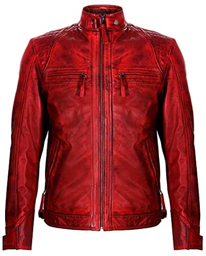 Image of Men's Vintage Red Leather Retro Jacket Classic Racing Quilted Biker Moto Fashion Jacket 4XL