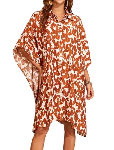 Image of Orshoy Womens Swimsuit Cover Ups Soft Rayon Button Front Beach Bikini Coverup Dresses Loose Blouse Tops Loungewear Summer Rust Orange Cow Print