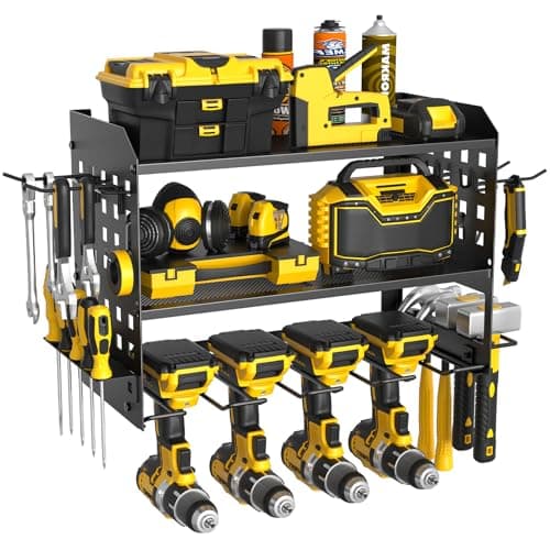 Image of Yeabett 3 Layer Power Tool Storage, Tool Rack for 4 Drill Holders, Heavy Duty Wall Mounted Rack for Garage, Home, Workshop (Black)