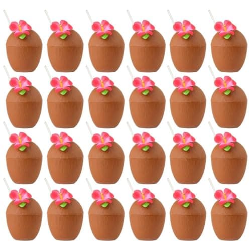 Image of I LOVE FANCY DRESS Novelty Coconut Shaped Drink Cup with Pink Hibiscus Flower and White Straw - Pack Of 1 - Hawaiian Luau Tropical Party Accessory for Summer Beach Themes and Tiki Bar Celebrations