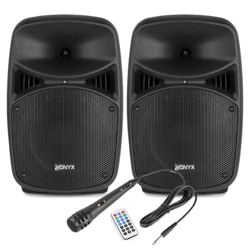 Image of Vonyx VPS082A 8-Inch Active Bluetooth PA Speakers Set - 400W Active/Passive DJ Speakers Kit with Wired Microphone, RCA Input, MP3 Player & Easy Controls for Home Parties, Small Venues & Beginner DJs