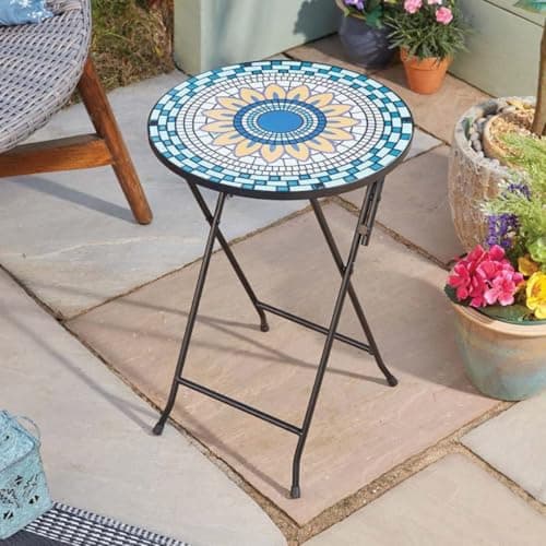 Image of Garden Mile Tall Glass Bistro Table - 50cm Folding Round Garden Table with Mosaic Tabletop & Iron Base - Compact Patio Furniture for Balconies, Patios, Bedside Tables, Indoor & Outdoor Furniture