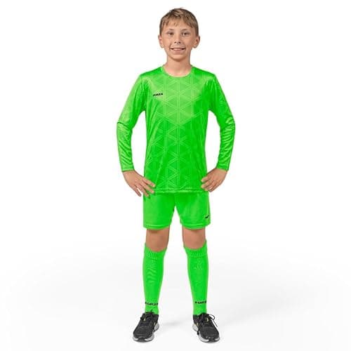 Image of FORZA Kids' Goalkeeper Long Sleeve Kit – Breathable & Sweat-Wicking Football Goalie Set – Includes Shirt, Shorts & Knee-High Socks (Fluro Green, Age 13-14)