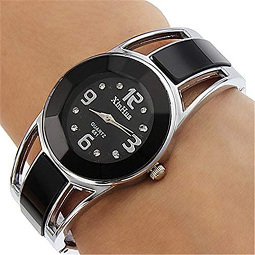 Image of Women Watch Alloy Quartz Watch Bracelet Round Analog Womens Wrist Gift Band Dress Women's Watch Watches for Men Leather (Black, One Size)
