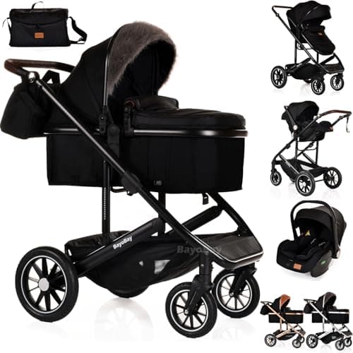 Image of 3 in 1 Baby Pram Travel System with Car Seat Lightweight Buggy Foldable Pushchair for Newborn and Toddlers up to 22kg New 2025 Style (Black - Black)