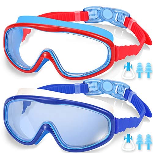 Image of EasYoung 2-Pack Kids Swim Goggles, Swimming Goggles for Children and Early Teens from 3 to 15 Years Old, Wide Vision, Anti-Fog, Waterproof, UV Protection, Red with Blue (1pc) & Blue with White (1pc)