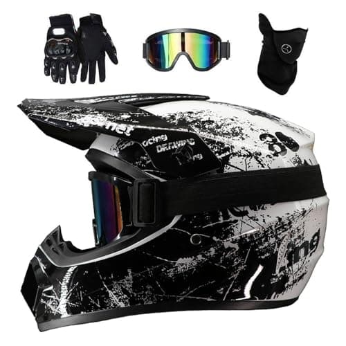 Image of Dual Sport Motocross Helmet Set, Youth Kids Full Face Off Road Racing Motorbike Crash Helmets, Downhill BMX MTB ATV Enduro Quad Dirt Bike Helmet, with Goggles Gloves Mask(White Black,M/54-55CM)