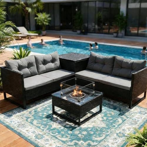 Image of BIRCHTREE Rattan Furniture Set 4-Seater Corner Sofa Set with Fire Pit Table & Side Storage Box, Weather-Resistant Outdoor Patio Garden with Cushions,Black