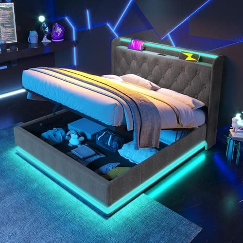 Image of 4ft6 Double Bed Frame with Hydraulic Lift & 360 Surround LED Lighting, Linen Functional Upholstered Ottoman Bed with Charging Station, Gas Lift Beds with Storage & Wooden Slats, Grey, No Mattress