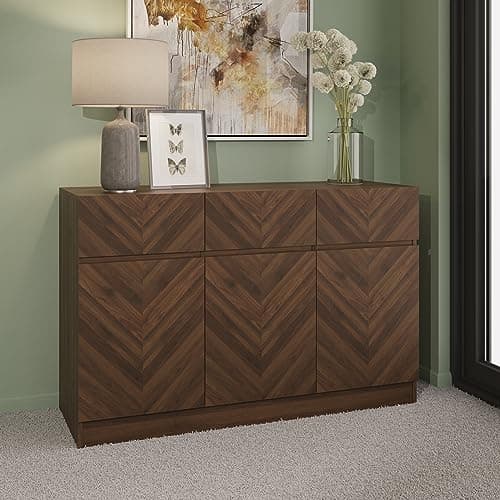 Image of GFW Catania Narrow Large Sideboard Cabinet Unit With 3 Storage Drawers & 3 Storage Cupboards, Walnut Furniture For Living Room, Dining Room, Hallway & Office, Royal Walnut D39.8 x H76 x W118.8cm