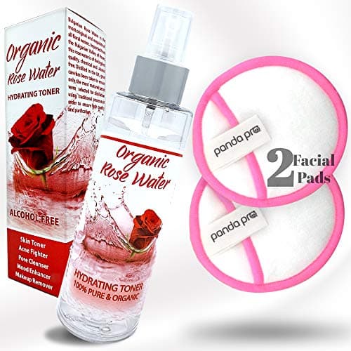 Image of AL HOOR Organic Rose Water Face Toner Mist Spray (150ml) for Soothing Irritation Firming and Balancing Oily Skin + Two Premium Reusable Bamboo Cotton Pad - Alcohol Free Non-GMO Vegan Cruelty Free