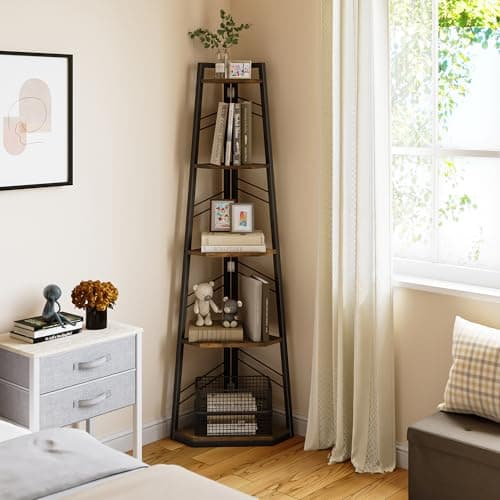 Image of YITAHOME Corner Shelf, 5 Tier Ladder Shelf, Industrial Corner Bookshelf, Floorstanding Shelving Unit, Wooden Open Bookcase for Living Room, Hallway, Bedroom, Home Office, Rustic Brown Bookshelves