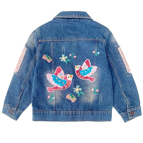Image of Peacolate 4-11Years Little Big Girls Embroider Birds and Flowers Denim Jacket(7-8Years)