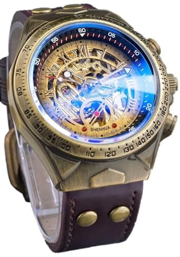Image of DAXIAOYU Luxury Skeleton Steampunk Watch for Men,3D Retro Roman Numeral Dial Sport Vintage Bronze Bezel Watches Leather Mens Automatic Mechanical Wrist Watch, BrownGold, Luxury