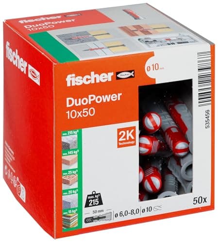 Image of Fischer DuoPower 10 X 50, Powerful Universal Plug with Intelligent 2-Component Technology Fastenings in Concrete, Bricks, Gypsum Plasterboard, Chipboard, Etc., 50 Plugs Without Screws