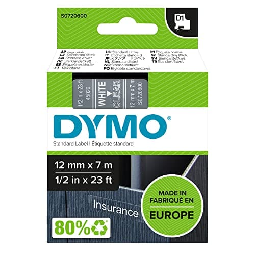 Image of DYMO Authentic D1 Labels | White Print on Clear Tape | 12 mm x 7 m | Self-Adhesive Labels for LabelManager Label Makers | Made in Europe
