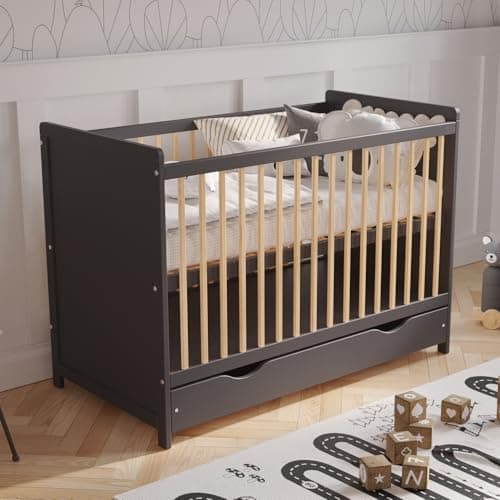 Image of Love For Sleep TOKYO Baby Cot Bed 120x60cm FREE Deluxe Microfiber Mattress & Safety Wooden Barrier (Anthracite/Pine)