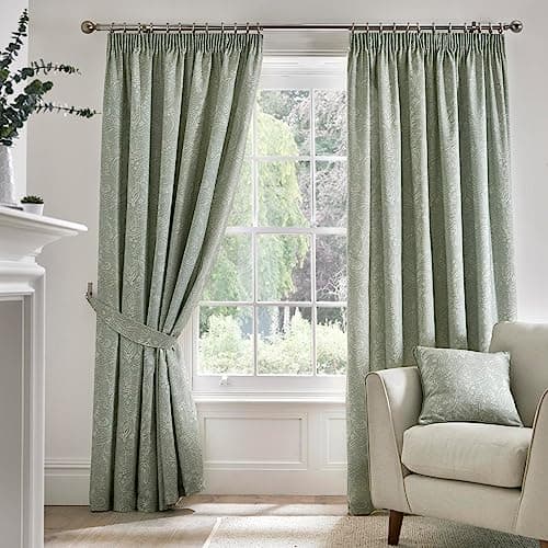 Image of Dreams & Drapes 70 Curtains - 100% Cotton Pair of Pencil Pleat Curtains With Tie-Backs - 46" Width x 72" Drop (117 x 183cm) in Aveline, Green