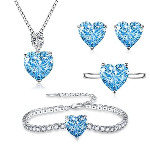 Image of Loutade Silver Jewellery Set for Women, 925 Sterling Silver 4 PCS Fashion Heart Necklace Earrings Ring Bracelet Set, Heart-shaped Jewellery for Women Set with Blue Cubic Zirconia for Girls