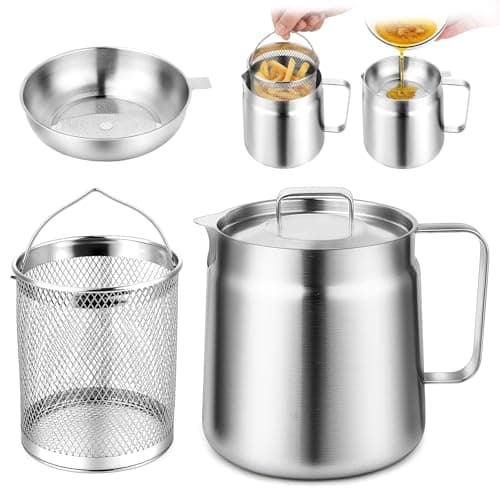 Image of 2L Deep Fat Fryer with Filter Basket and Mesh, 304 Stainless Steel Oil Filter Pot Large Capacity Bacon Grease Container Oil Strainer Pot for Kitchen,Frying,Storing, and Cooking