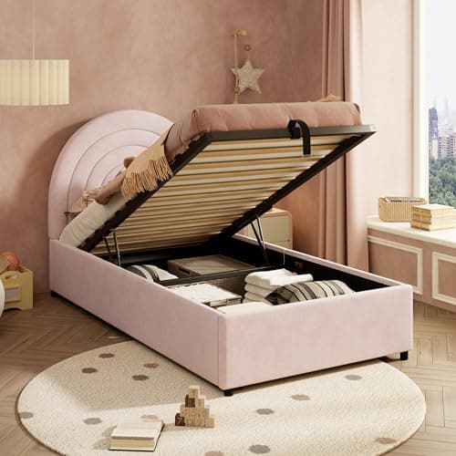 Image of Merax 3FT Upholstered Single Bed Frame 90 x 190 cm, Velvet Children’s & Teen Ottoman Bed with Headboard, Wooden Slatted Base, Easy Assembly, Suitable for Adults and Teenagers, Pink