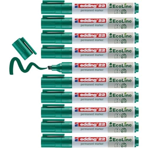Image of edding 22 Ecoline Permanent Marker - Green - Box of 10 - Chisel tip 1-5 mm - Waterproof, Quick-Drying, Smear-Proof pens - for Cardboard, Plastic, Glass, Wood, Metal and Fabric - refillable