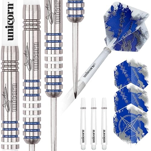 Image of Unicorn Steel Tip Professional Darts Set | Gary 'The Flying Scotsman' Anderson Silver Star | 80% Natural Tungsten Barrels with Blue Accents | 23 G