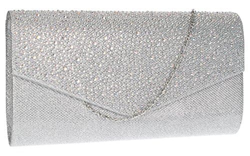 Image of Swanky Swans Women's Montary Glitter Diamante Envelope Clutch Bag Clutch Silver (Silver) ,3x14x27 cm (W x H x L)