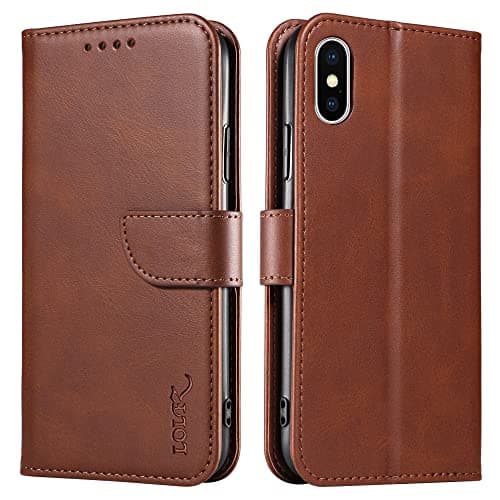 Image of LOLFZ Wallet Case for iPhone XS Max, Vintage Leather Book Case with Card Holder Kickstand Magnetic Closure Flip Case Cover for iPhone XS Max - Coffee Brown