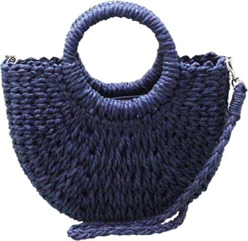Image of Woven Straw Style Crossbody Bag for Women – Round Summer Grab Handbag with Detachable Strap – Lightweight Holiday & Beach Bag (Navy)