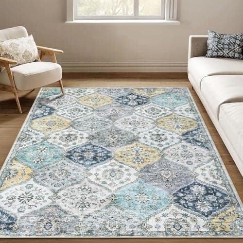 Image of LuxFocus Vintage Floral Area Rugs 120x170cm, Washable Traditional Living Room Rug, Non-Slip Low Pile Oriental Carpet for Bedroom Dining Room, Blue Yellow