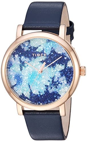 Image of Timex Women's TW2R66400 Crystal Bloom Blue/Rose Gold Floral Leather Strap Watch