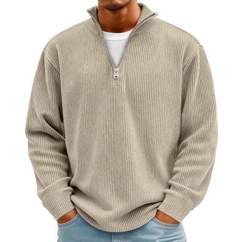 Image of Men Mock Neck Quarter Zip Men’s Corduroy Fit Jumper Pullover Sweater Smart Casual Knitwear for Men Classic Zip Neck Pullover Beige L
