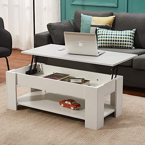 Image of Panana Lift Up Top Coffee Tables with Hidden Storage and Shelf Modern Rectangle Sofa Side End Table for Living Room Office Furniture W 100 * D 50 * H 47cm (White)