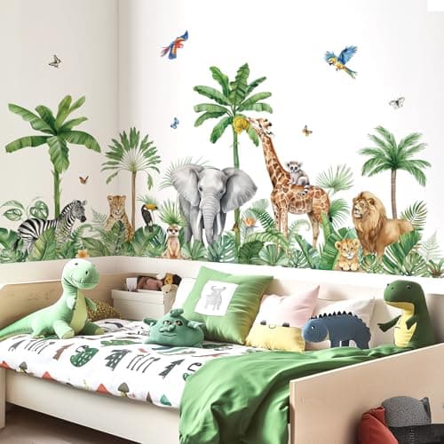 Image of decalmile Large Safari Animals Tropical Tree Wall Decals Jungle Animals Giraffe Elephant Lion Wall Stickers Living Room Baby Nursery Kids Room Wall Decor(XXL)