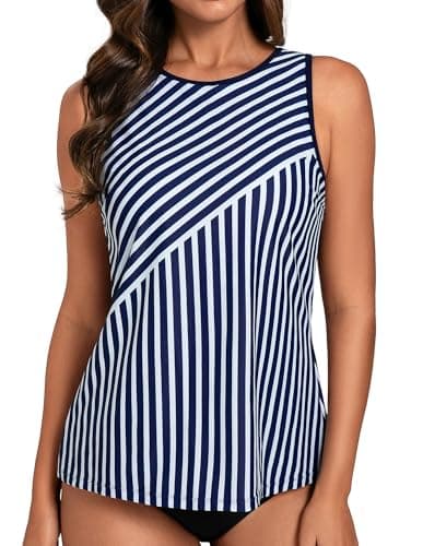 Image of Hanna Nikole Modest Sport Tank Top No Bottom,High Neck Tummy Control Swim Top Only,Tankini Top for Women,Blouson Bathing Swimsuit Top Only Blue and White Stripes L