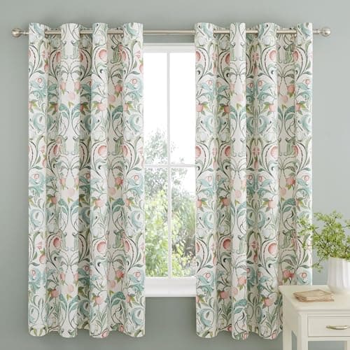 Image of Catherine Lansfield Clarence Floral 66x72 Inch Lined Eyelet Curtains Two Panels Natural Green