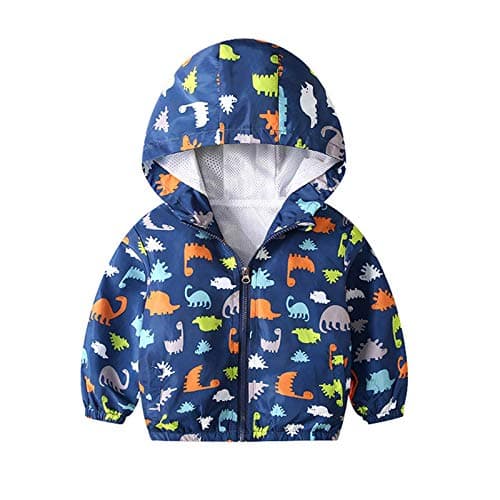 Image of JinBei Baby Boy Jacket Toddler Kids Hooded Dinosaur Jackets Windbreaker Zip Windproof Long Sleeve Coat Cloak Sunscreen Blue Outwear Clothes Soft Light and Thin Age 1-2 Years,90