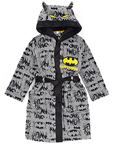 Image of DC Comics Batman Boys Grey Dressing Gown | Cosy Fleece Bathrobe with Pocket | Kids Dark Knight Nightwear | Children's Soft Robe Merch - 10-11 Years