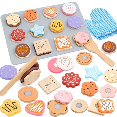 Image of Masonbaby Wooden Play Food, Wooden Cookie Baking Playset - 28PCS Pretend Play Food with Cutting & Slicing, Toy Food Set for Kids Kitchen, Toddler Toy Baking Set Birthday Gifts for Boys Girls