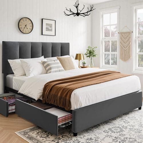 Image of VECELO 4ft6 Double Bed Frame with 4 Storage Drawers, Upholstered Platform with Adjustable Velvet Headboard, Solid Wood Slat Support, No Box Spring Needed, Easy Assembly, Dark Grey