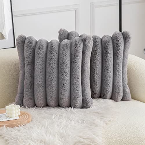 Image of Neelvin Grey Faux Fur Cozy Soft Striped Decorative Throw Pillow Covers 18x18 inch（45x45cm） Set of 2,Velvet Pillowcase Cushion Case for Sofa Couch
