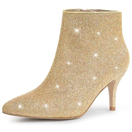 Image of Allegra K Women's Glitter Pointed Toe Stiletto Heel Ankle Boots Gold 5 UK/Label Size 7 US