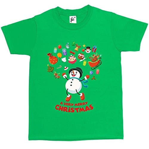 Image of Fancy A Snuggle Merry Christmas Snowman Jumping for Joy Sack of Gifts Xmas Tree Holly Kids Boys/Girls T-Shirt Green 3-4 Year Old
