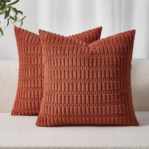 Image of Topfinel Terracotta Cushion Covers 40cm x 40cm,Corduroy Decorative Fluffy Pillows Cases,Cushions Cover 16x16 inches with Invisible Zipper for Sofa Bed Livingroom Bedroom,Pack of 2