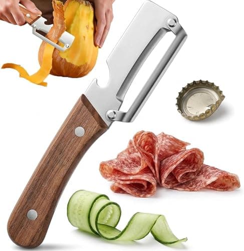 Image of 3-in-1 Multifunction Vegetable Peeler with Solid Wood Handle, Versatile Peeler with Built-in Bottle Opener & Sharp Blade for Peeling, Slicing, and Dicing Meat, Vegetables, and Fruit (1)