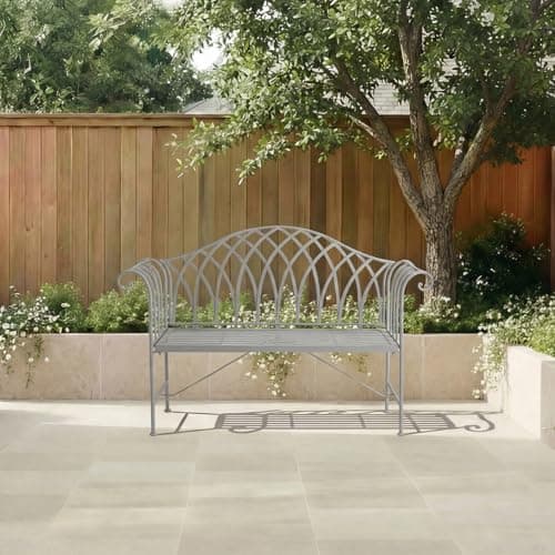Image of CHARLES BENTLEY Garden Bench, Grey, Contemporary Metal, Decorative, Lightweight, Weather Resistant, Outdoor, Patio, Balcony, Decorative Seating, Curved Armrest, Arch Detailing, 2 Seater (128x93cm)