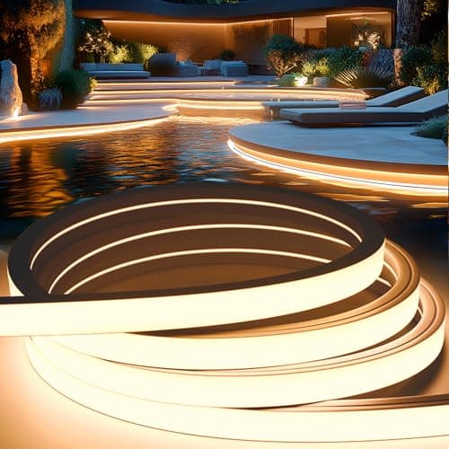 Image of KSIBNW LED Strip Light Outdoor Waterproof Garden, 16.4ft/5m Silicone LED Strip IP65 Flexible Outside Strip Light Cuttable 220V240V Neon Rope Strip for Kitchen BedroomIndoor Decor,Warm White 3000K